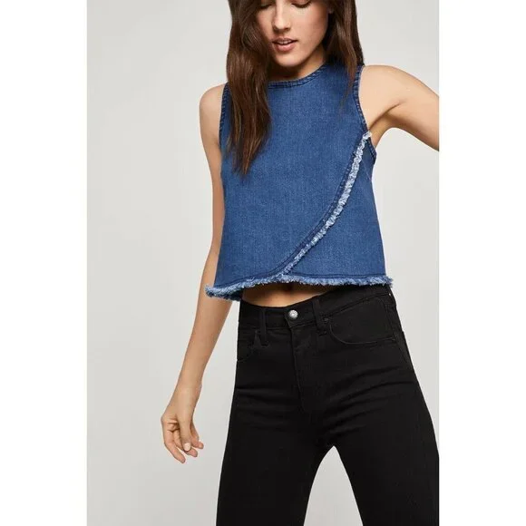 BCBGeneration Denim Crop Top Frayed Hem Blue Medium Wash Denim Top SZ L NWT - Picture 3 of 5